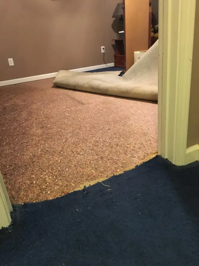 Carpet pad removal revealing water damage during Drying & Dehumidification in Caribou